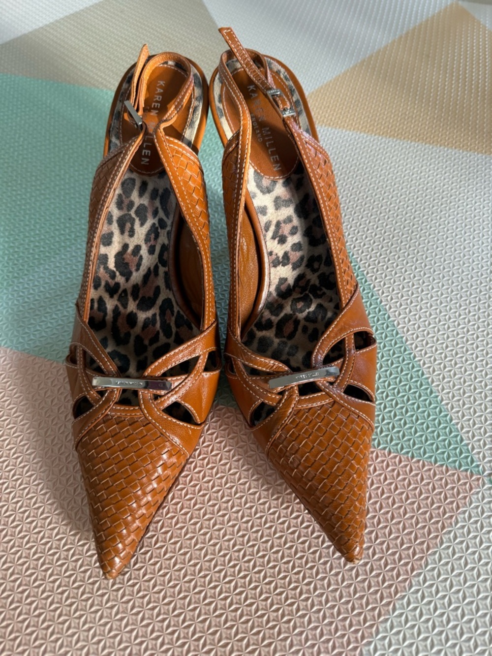 Karen Millen Tan Woven Pointed-Toe Slingback Heels Size 10